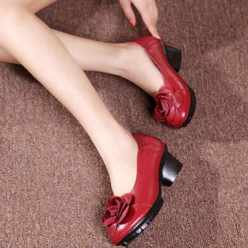 パンプス レディース ミセス 軽量 本革 牛革 スリッポン 太ヒール ラウンドトゥ 花柄 エスニック 浅口 安定感 通勤 カジュアルシューズ 中ヒール 春夏秋 ...