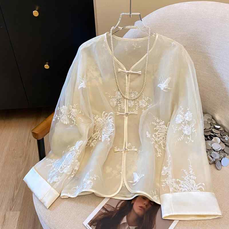 ブラウス レディース 薄手 ゆったり 刺繍 Vネック レトロ 新チャイナ風 改良型 飾りボタン 長袖 カジュアル 上品 ポリエステル 杏色