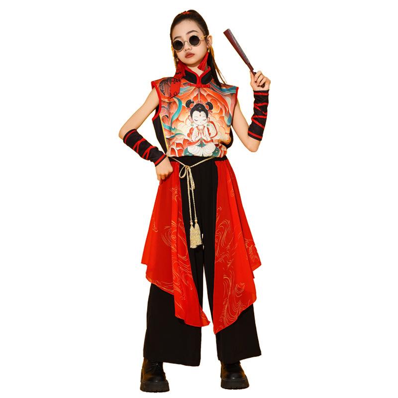 キッズ ダンス 衣装 女の子 ガールズ 子供用 哪吒コスチューム 中華風 レトロモダン 発表会 舞台 イベント 演出服 武術 太鼓 ジャズダンス クラシックダンス 柔らかい ポリエステル セットアップ オールシーズン