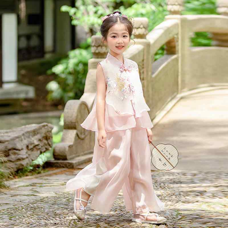 キッズ 男の子 女の子 薄手 通気性 快適 中国風 古風 漢服風 エレガント 上品 発表会 舞台衣装 春夏 ポリエステル素材 唐装 2点セット