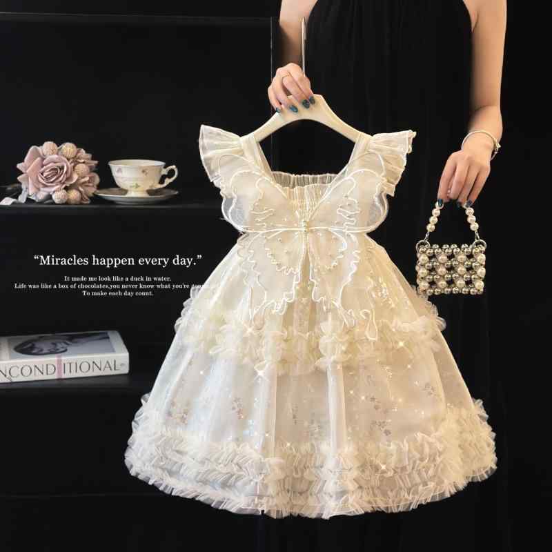 ドレス キッズ 女の子 蝶々羽 チュール 半袖 プリンセス フォーマル ワンピース 白 子供服 発表会 結婚..