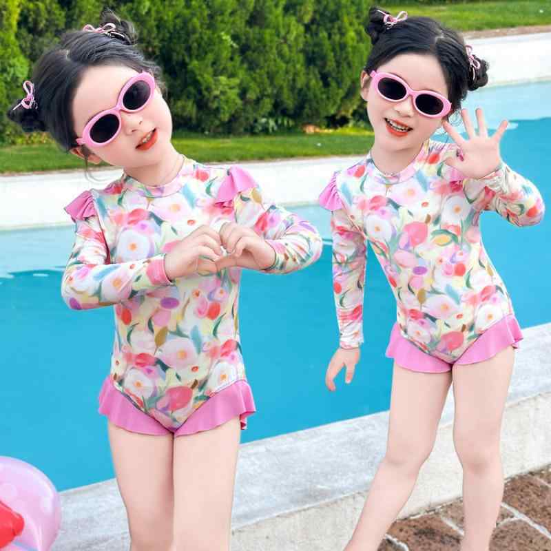 水着 女の子 ガールズ 長袖 日焼け防止 UVカット 速乾 通気性 ワンピース スイムウェア オールインワン..