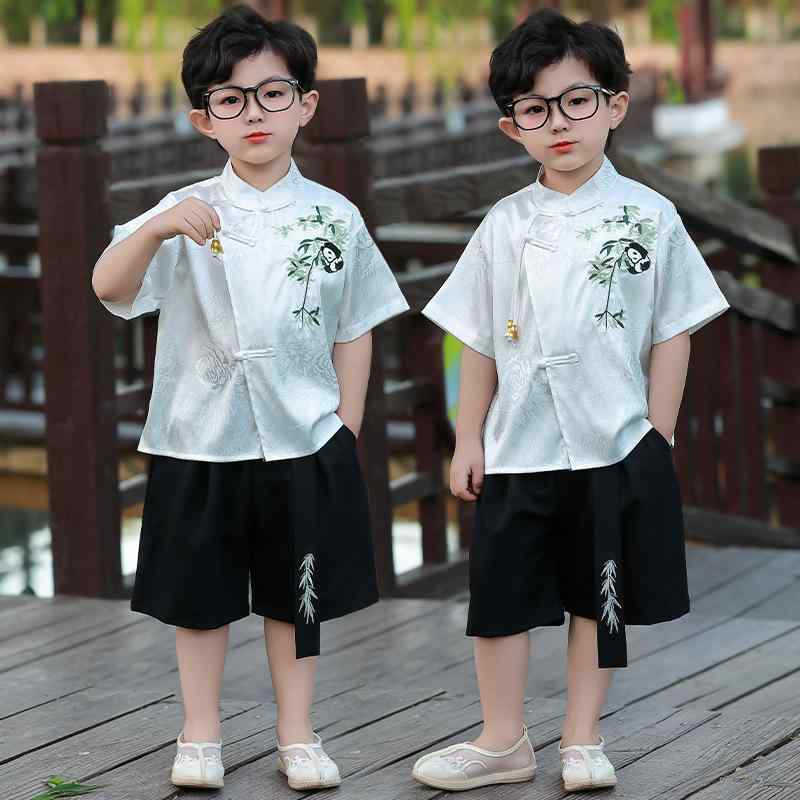 唐装 キッズ 男の子 半袖 春夏 中華風 セットアップ 2点セット 中国服 ポリエステル素材 通気性 快適 ジュニア 子供服 普段着 お祭り 発表会 衣装