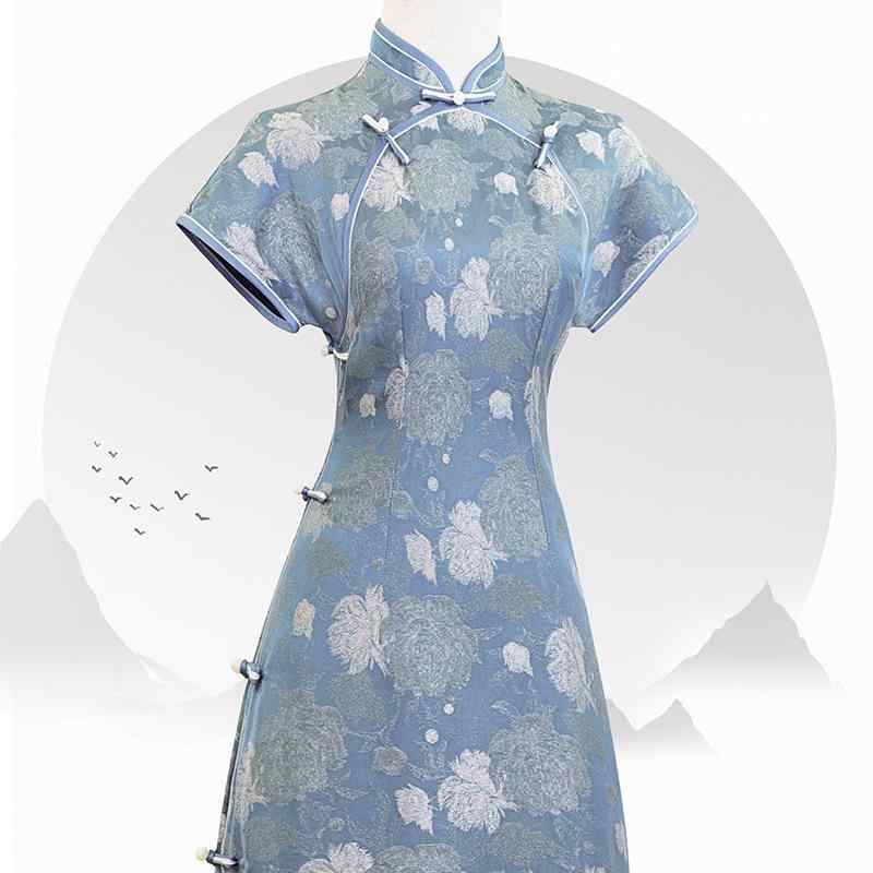 チャイナドレス レディース 女性用 ダブルブレスト 微ストレッチ 高級感 新中華風 レトロ 改良版 ジャカードシフォン デイリー ワンピース 秋冬 小柄 ブルー