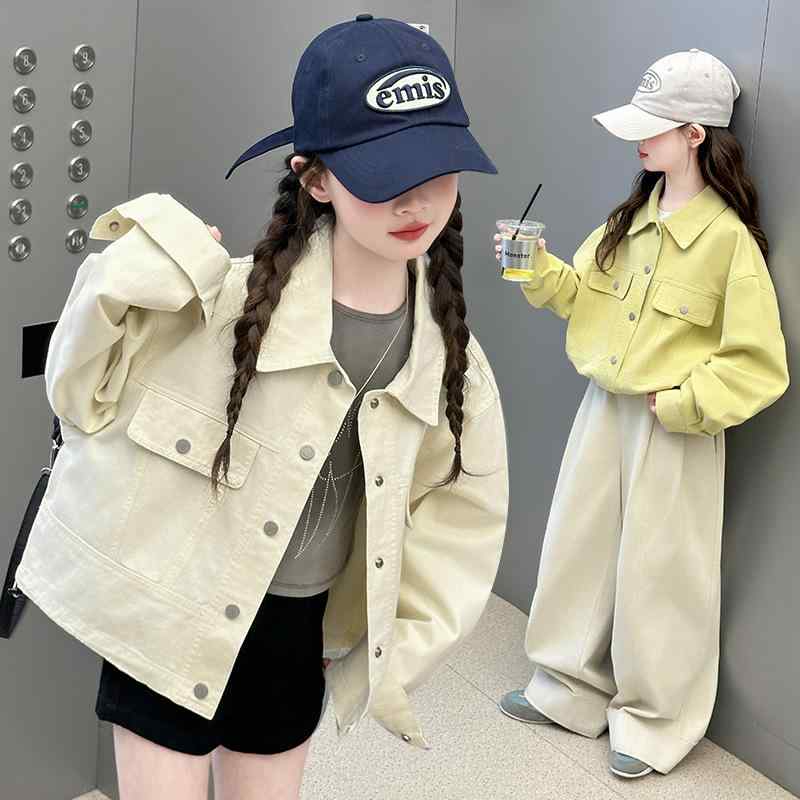 アウター ガールズ キッズ ジュニア 女の子 柔らか コットン 綿 襟付き ワークジャケット スプリングコート カジュアル おしゃれ 無地 春秋 中長丈 通園 ...