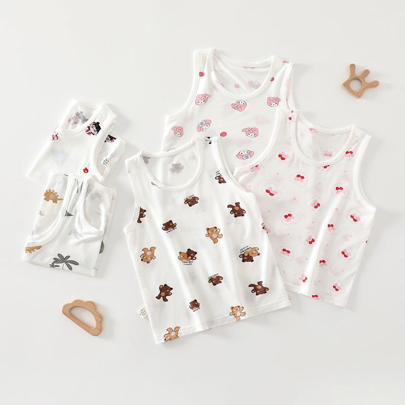 キッズ タンクトップ 男の子 女の子 ベビー 子供 男女兼用 モダール 薄手 ノースリーブ インナー 肌着 丸首 接触冷感 吸汗速乾 やわらか 縫い目なし 春夏 部屋着 パジャマ キャラクター 総柄