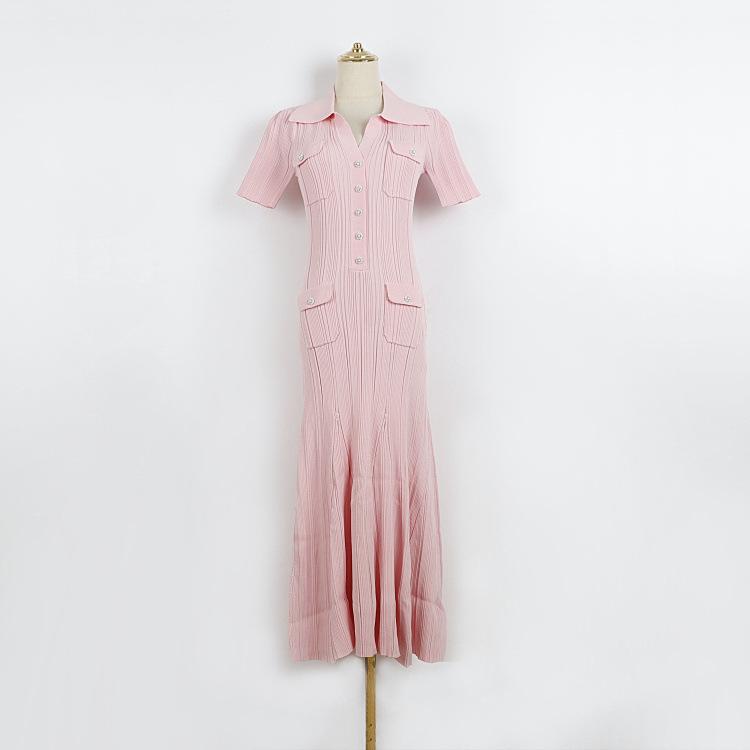 ワンピース レディース 半袖 襟付き Vネック リブニット ストレッチ 無地 Aライン ロング丈 プリーツ フレアスカート ハイウエスト きれいめ 大人カジュアル 通勤 春夏 レーヨン混