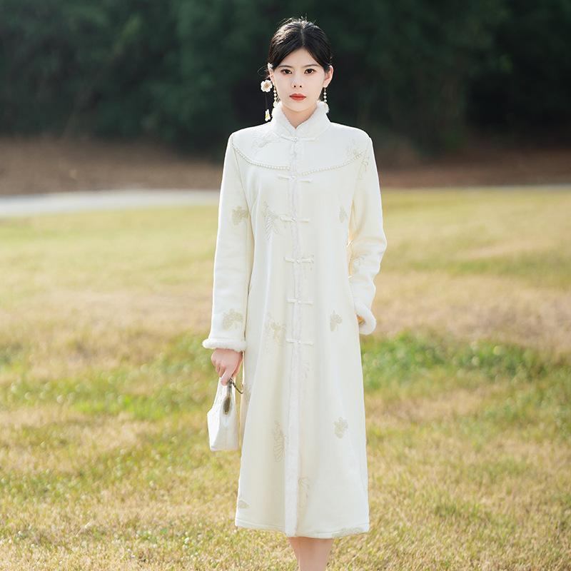 ワンピース レディース 刺繍 スタンドカラー 長袖 新中国スタイル 漢服調 レトロ 高級感 チャイナドレス コートワンピース 秋冬 デイリーユース 普段使い オ...