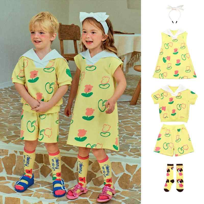 キッズ 子供服 女の子 男の子 夏物 薄手 かわいい セーラーカラー プリント ニット ワンピース 半袖 Tシャツ ショートパンツ セットアップ 韓国子供服 綿混