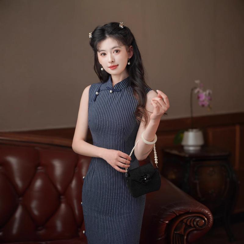 チャイナドレス レディース ストライプ レトロ 春夏 ロング丈 ノースリーブ ウエストマーク スタイルア..