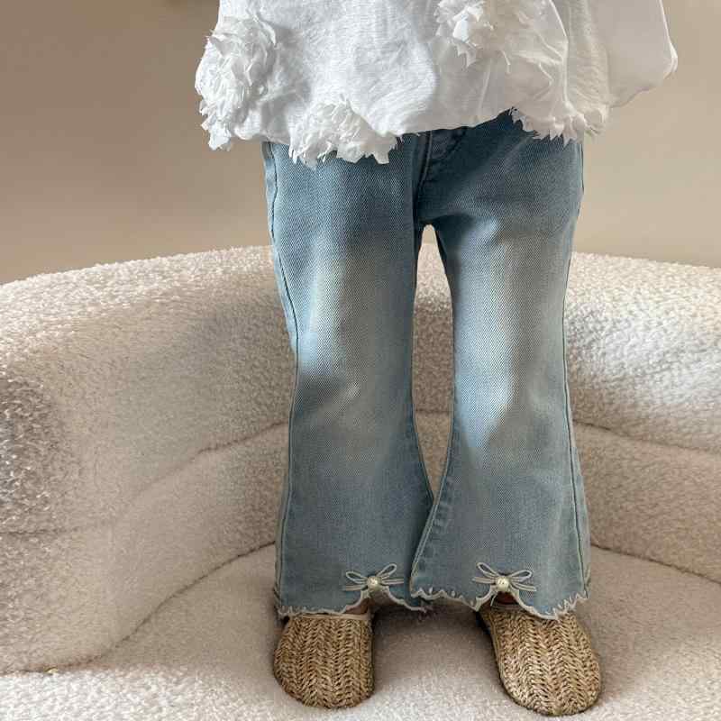 デニムパンツ 女の子 ベビー 春夏 かわいい おしゃれ 韓国風 パールデザイン フレアパンツ ウエストゴ..