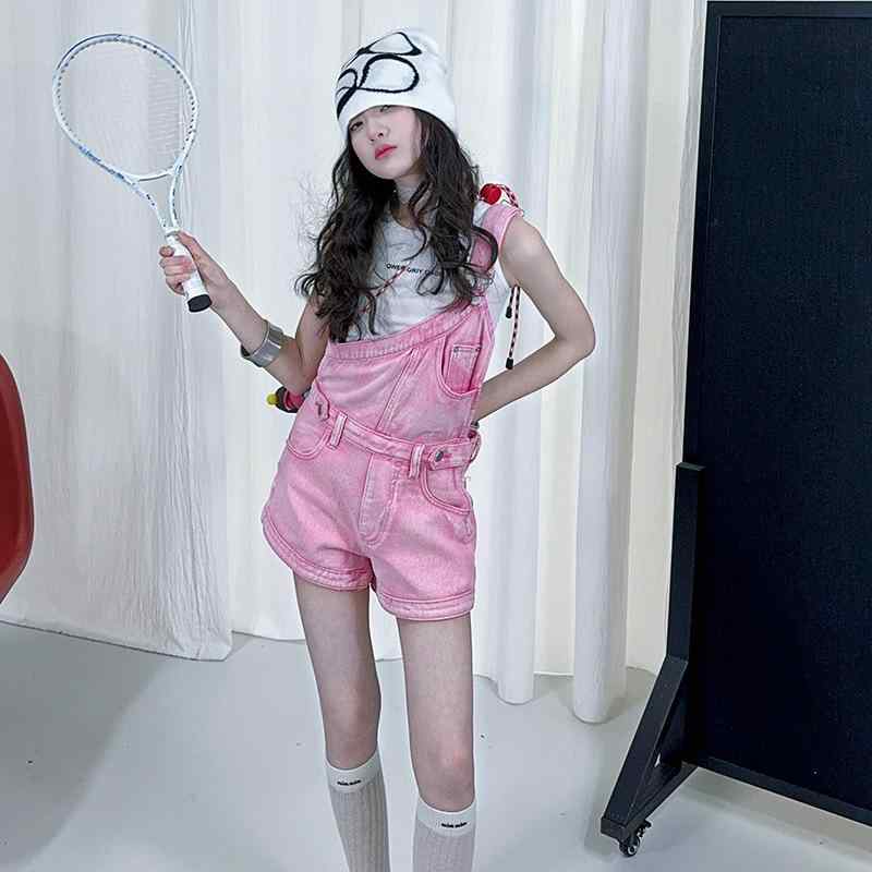 オーバーオール キッズ 女の子 デニム ショートパンツ ワンショルダー Aライン ワイドシルエット 着痩せ効果 韓流スタイル 綿混 甘辛カジュアル