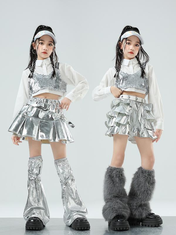ダンス衣装 キッズ 女の子 ジャズダンス ヒップホップ ステージ衣装 発表会 クール おしゃれ 個性的 シルバー スパンコール セットアップ 上下セット ショート丈トップス パンツスカート レザー調 オールシーズン ポリエステル