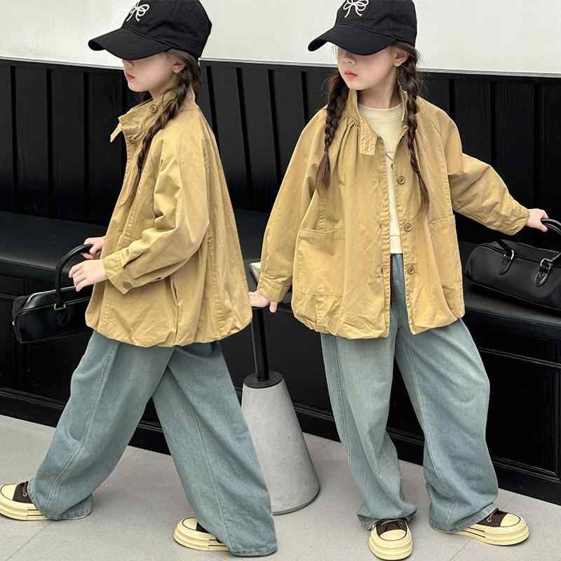 ウインドブレーカー 女の子 ジュニア 春秋 韓国風 おしゃれ ゆったり ショート丈 フードなし 襟付き 綿混素材 シングルボタン 長袖 黄色