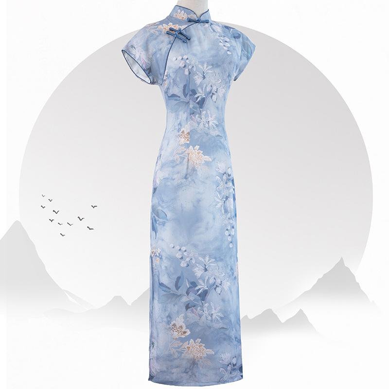 チャイナドレス レディース 微ストレッチ 麻調プリント ロング丈 スタンドカラー 斜め襟 3分袖 小柄な..