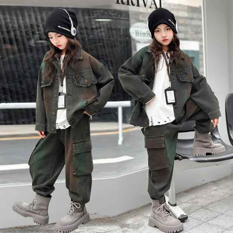 セットアップ キッズ 女の子 春夏秋 ジュニア カジュアル スポーツ おしゃれ カラースプレー デニム カ..