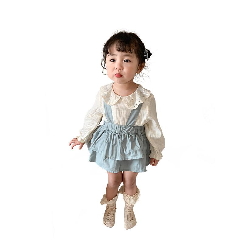 ベビー服 女の子 セットアップ 長袖ブラウス サロペットスカートロンパース 韓国風 おしゃれ かわいい 柔らかい肌触り コットン混 春夏 無地 A類安全基準