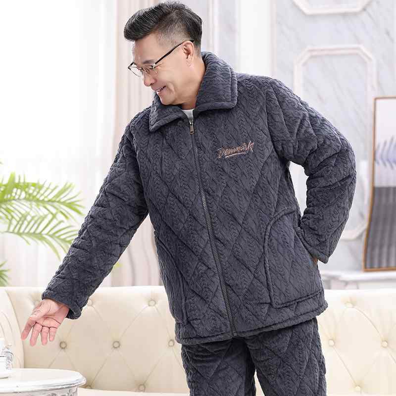 パジャマ メンズ シニア 冬用 極厚 裏起毛 サンゴフリース 三層キルティング 保温 暖かい 襟付き 長袖 上下セット ルームウェア 快適 部屋着 男性用