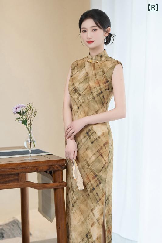 チャイナドレス レディース ノースリーブ スタンドカラー 微ストレッチ ネオチャイニーズ レトロモダン 上品 エレガント デイリー 普段着 春夏 ロング丈