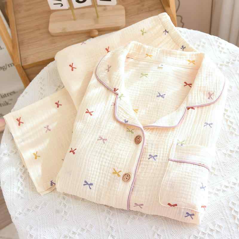 パジャマ セットアップ レディース 女性用 カップ付き ワンマイルウェア ダブルガーゼ 綿100% 長袖 長パンツ ルームウェア 部屋着 春秋 かわいい 蝶々柄 襟付き 薄手 シンプル カジュアル
