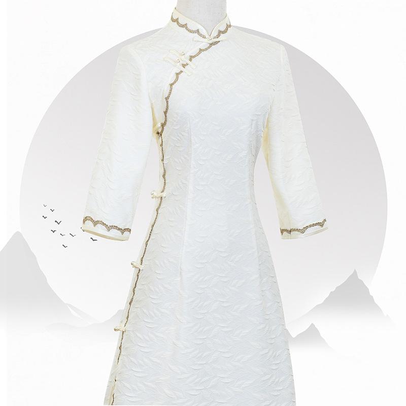 チャイナドレス レディース 微ストレッチ オフホワイト レース 長袖 ロング丈 スタンドカラー 七分袖 ..