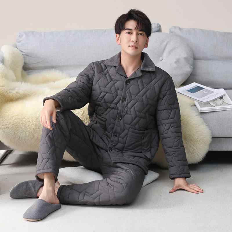 ルームウェア メンズ 男性用 冬用 三層保温 厚手 ダウンコットン混紡 前開き 襟付き 長袖 ロングパンツ..