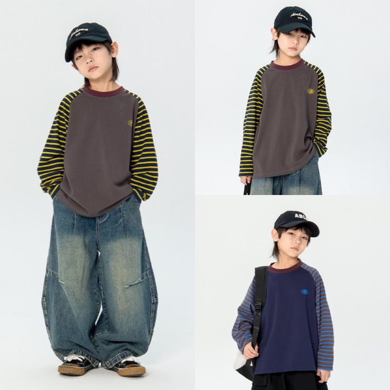 Tシャツ 男の子 キッズ 吸湿速乾 柔らかい肌触り 長袖 ラウンドネック ストライプ柄 韓国ファッション 綿100% グレー 紺 春秋 おしゃれ 子供服 カジュアル
