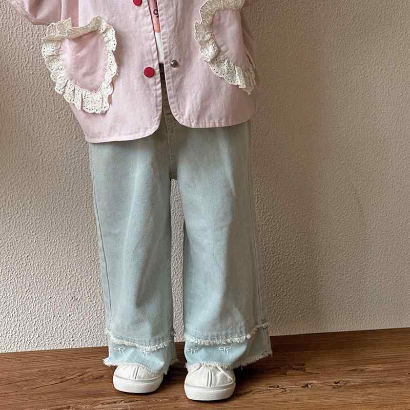 パンツ キッズ 女の子 やわらか 股開き デニム ワイドパンツ ゆったり ルーズ カジュアル 春秋 着回し 無地 ミドルウエスト ゴムウエスト デニムブルー