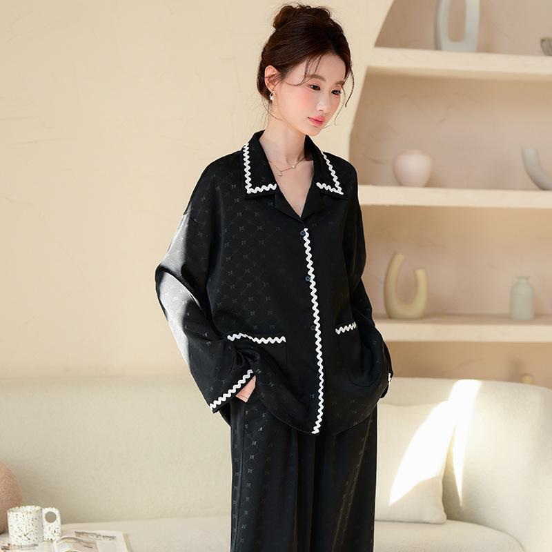 パジャマ レディース 接触冷感 薄手 高級感 フレンチスタイル 襟付き 長袖 ロングパンツ 部屋着 ルームウェア 2点セット 外出着 春 快適 ポリエステル エレガント 上品 ブラック ホワイト