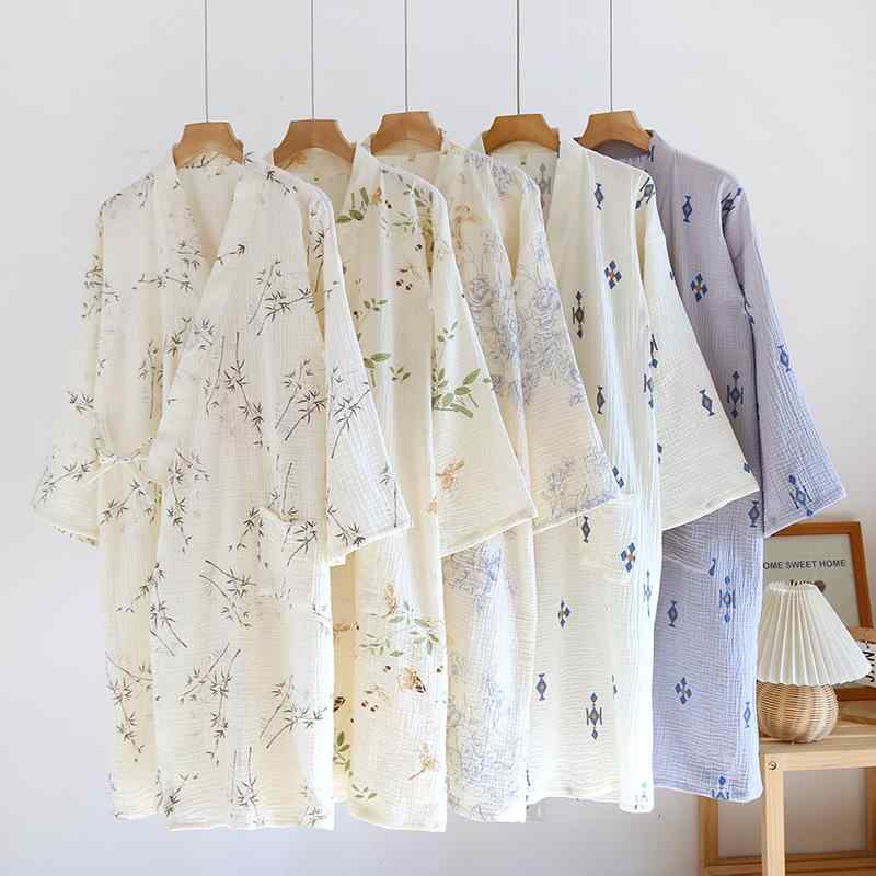 和風ガウン レディース 純綿 ガーゼ 前開き ロング丈 薄手 通気性 快適 パジャマ ネグリジェ バスローブ ルームウェア 部屋着 ワンマイルウェア 春夏秋 リラックスウェア 寝巻き 着心地抜群 Vネック