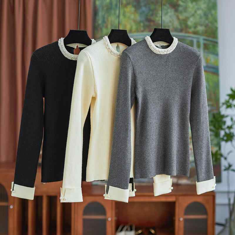 ニットセーター レディース エレガント リブニット 厚手 プルオーバー パール襟 高級感 ライトラグジュアリー ウール混 長袖 スリムフィット オフィス 通勤 フレンチスタイル 秋冬
