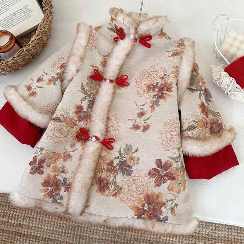 チャイナドレス 女の子 キッズ 子供用 裏起毛 厚手 立ち襟 中国風 冬 お正月 新年祝い 花柄 イエロー ポリエステル ソフトな肌触り 3-8歳向け 100-140cm