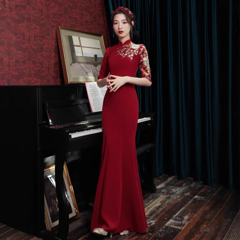 チャイナドレス レディース 新婦用 結婚式 披露宴 パーティー デイリー レトロ ヴィンテージ 赤 レッド..