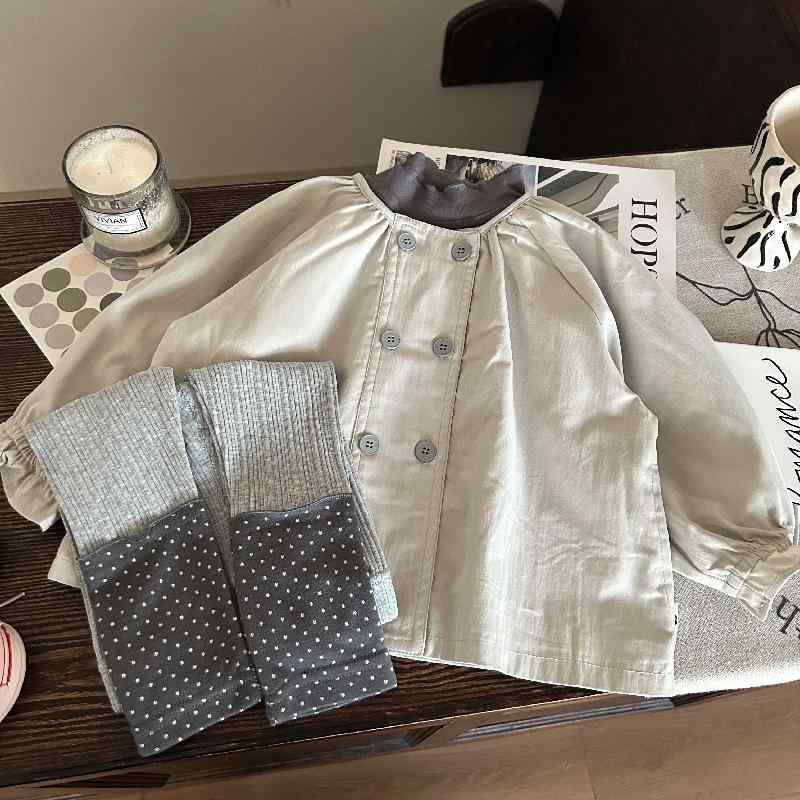 女の子 子供服 韓国風 セットアップ スプリングコート ダブルボタン トレンチコート アウター ドット柄 切り替え レギンス スパッツ ロングパンツ 春物 長袖 2点セット 通園 通学 お出かけ カジュアル 柔らか 綿混 ベージュ グレー