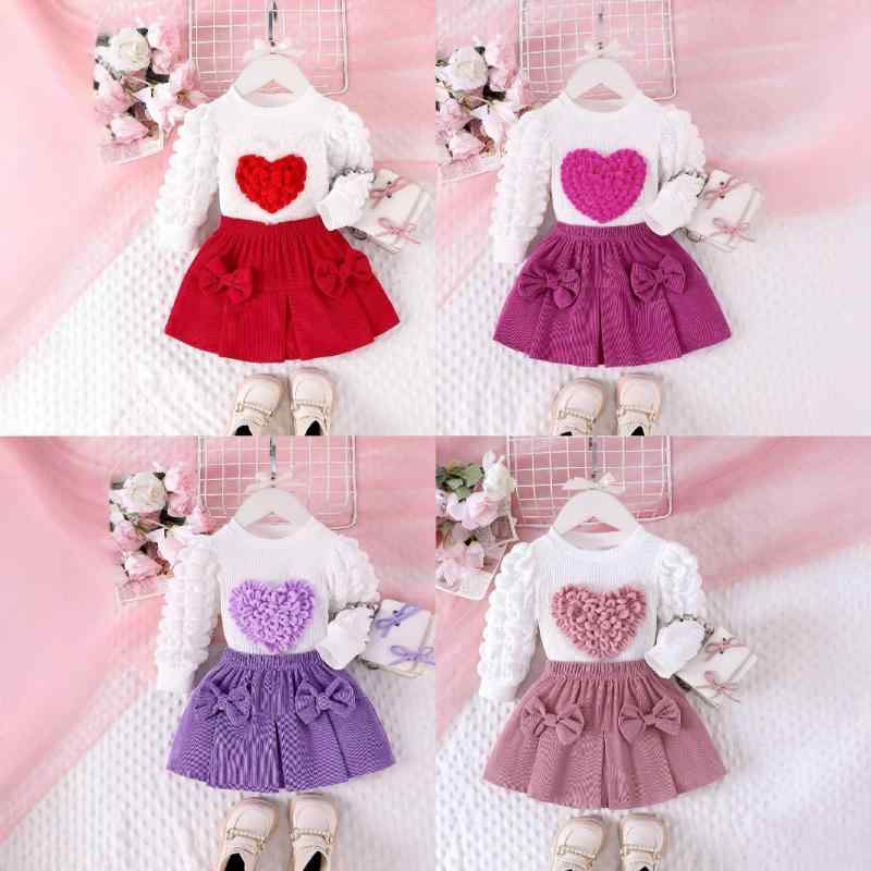 ベビー 女の子 セットアップ 欧米風 半袖 パフスリーブ ハート柄 トップス リボン ショートスカート 2点セット コットン素材 やわらか肌触り 春夏 お出かけ着 ピンク 赤 紫 1歳 2歳 3歳 80 90 100cm