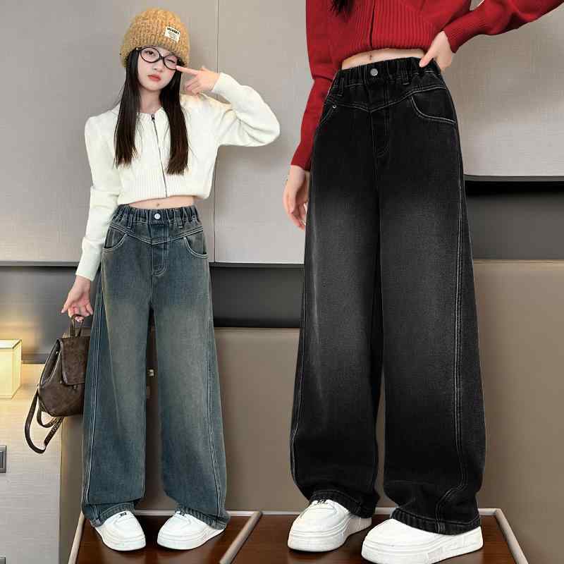 デニムパンツ キッズ 女の子 春秋物 レザーパッチ カーブシルエット ワイドパンツ ゴムウエスト ソフト加工 コットン ロング丈 カジュアル スポーツ 普段着 おしゃれ