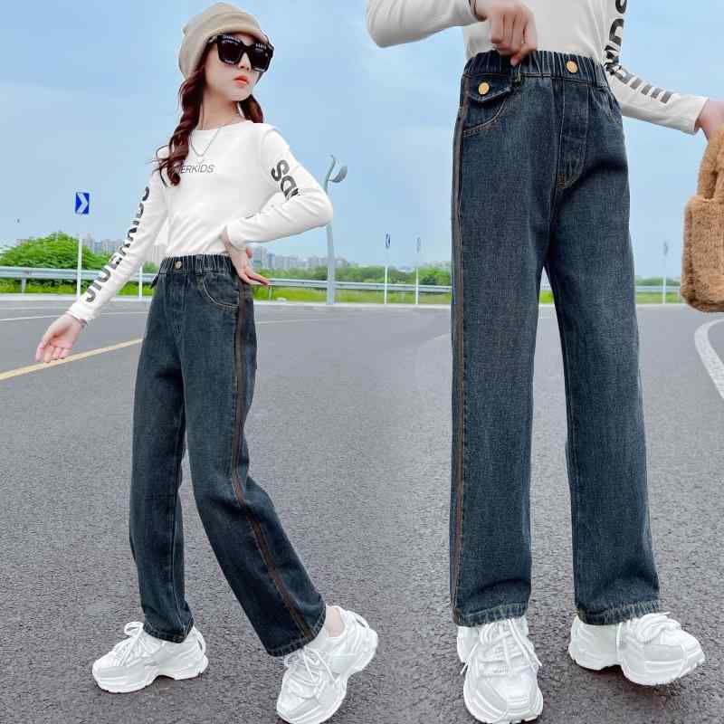 デニム 女の子 ガールズ ジュニア 春秋 ワイドパンツ サイドライン ボタン ゴムウエスト 長丈 カジュアル おしゃれ コットン混 韓国風 ソフト加工 ブルーグレー