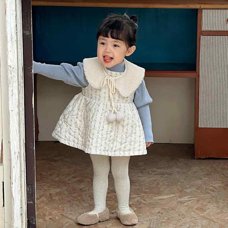 ワンピース セットアップ ベビー キッズ 女の子 冬 厚手 中綿入り キルティング 柔らかい 綿 コットン 長袖 おしゃれ 韓国風 かわいい 2点セット ベストワンピース 花柄 パフスリーブ お出かけ 普段着