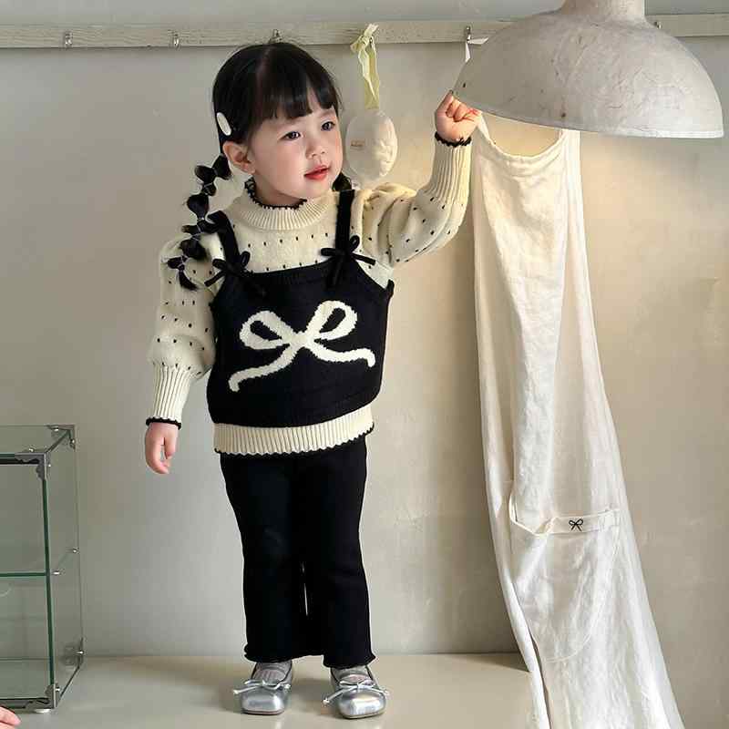 ベビー服 女の子 裏起毛 厚手 暖かい 防寒 柔らかい 長袖 セーター ニット トップス パンツ セットアップ かわいい おしゃれ 韓国子供服 韓国風 蝶結び リボン 秋冬 80 90 100 110cm