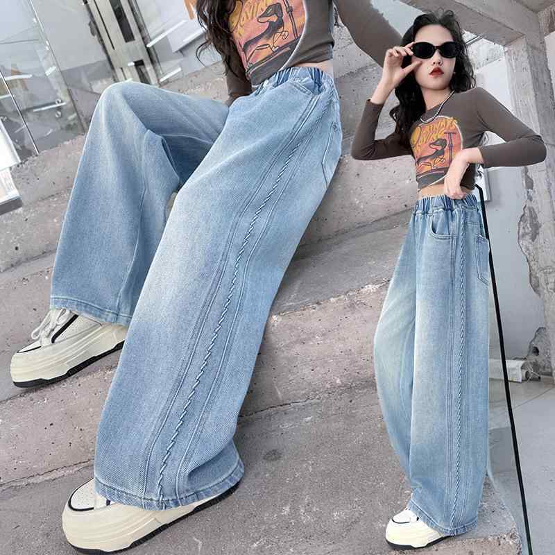 デニムパンツ キッズ 女の子 小学生高学年 中学生向け 春秋 ワイドパンツ ストレート ゆったり ウエストゴム 楽ちん 綿混素材 ソフト加工 ミドルウエスト 無地 おしゃれ カジュアル ロング丈