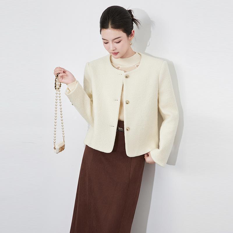 Other - ジャケット レディース 女性用 100%ウール ツイード ショート丈 クルーネック 長袖 上品 きれいめ 秋冬 通勤 オフィス 無地 3つボタン ストレートシルエット