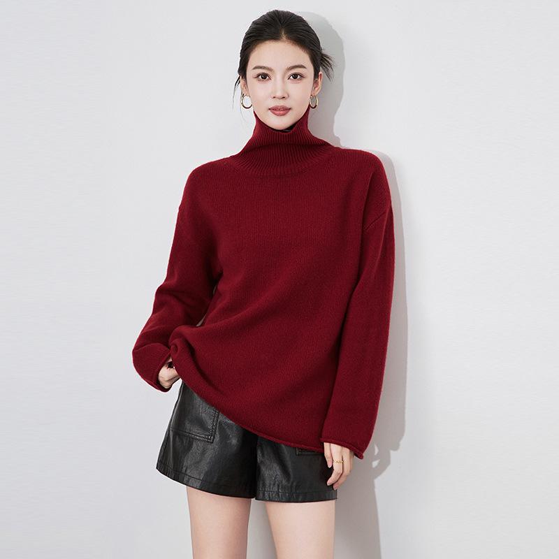 ニット レディース ドレープ感 体型カバー 高級感 ウール ハイネック ゆったり ワイドシルエット プルオーバー ざっくり編み 無地 長袖 秋冬 通勤 オフィス フレンチスタイル きれいめ エレガント