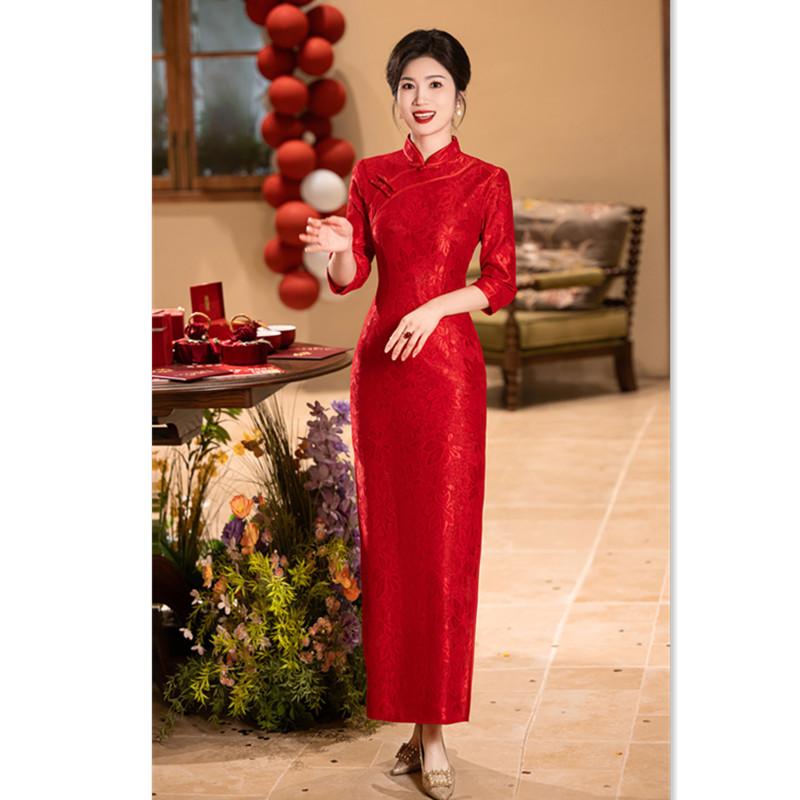 楽天セキュアデポチャイナドレス レディース 女性用 赤 レース ロング丈 五分袖 伸縮性 立体柄 スタンドカラー 斜め襟 低スリット 大きいサイズ ゆったり レトロ 中国風 エレガント パーティー フォーマル 結婚式 秋冬