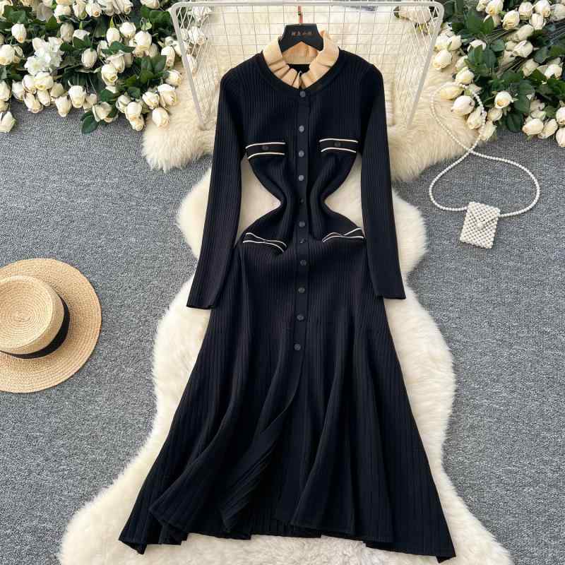 楽天セキュアデポニットワンピース レディース レトロクラシック ポロ襟 パフスリーブ 長袖 配色切り替え シングルボタン ウエストマーク スリット 着痩せ効果 ミディ丈 ブラック フリーサイズ 春夏 チャイナ風