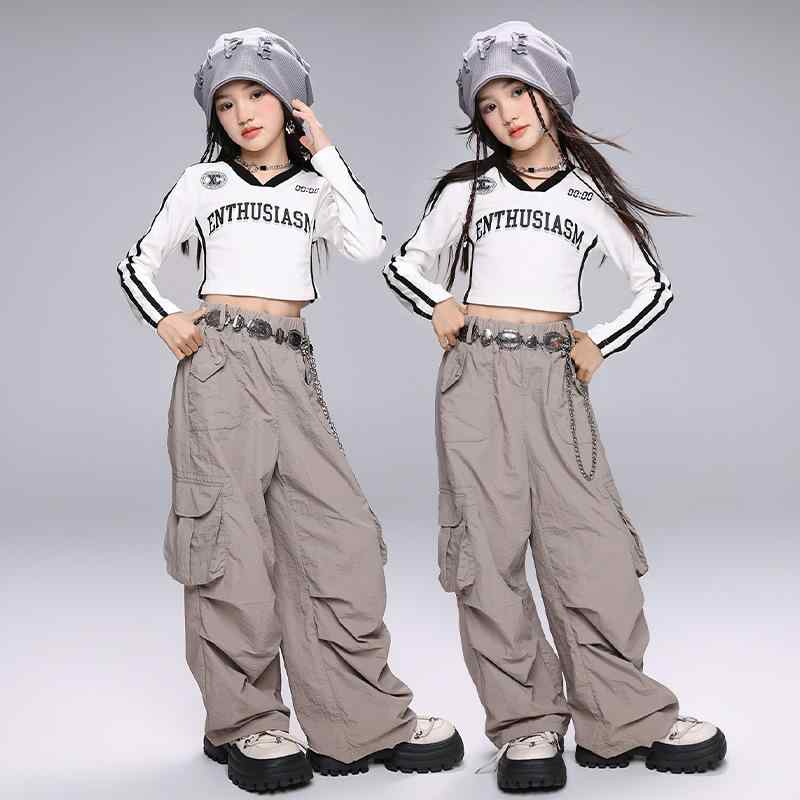 楽天セキュアデポダンスウェア キッズ 女の子 ジャズダンス ヒップホップ ストリート K-POP 韓国風 動きやすい クロップド丈トップス グレー カーゴパンツ セットアップ 発表会 練習着 ステージ衣装