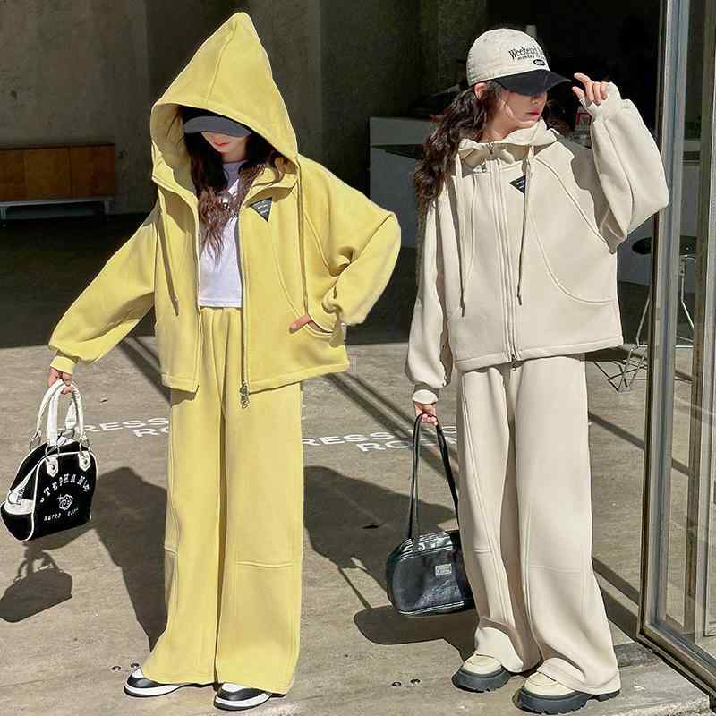 楽天セキュアデポパンツ セットアップ 女の子 ガールズ ジュニア 春秋 柔らか素材 フード付きカーディガン パーカー カジュアル 無地 綿 コットン おしゃれ 小中学生 140cm 150cm 160cm アプリコット 黄色