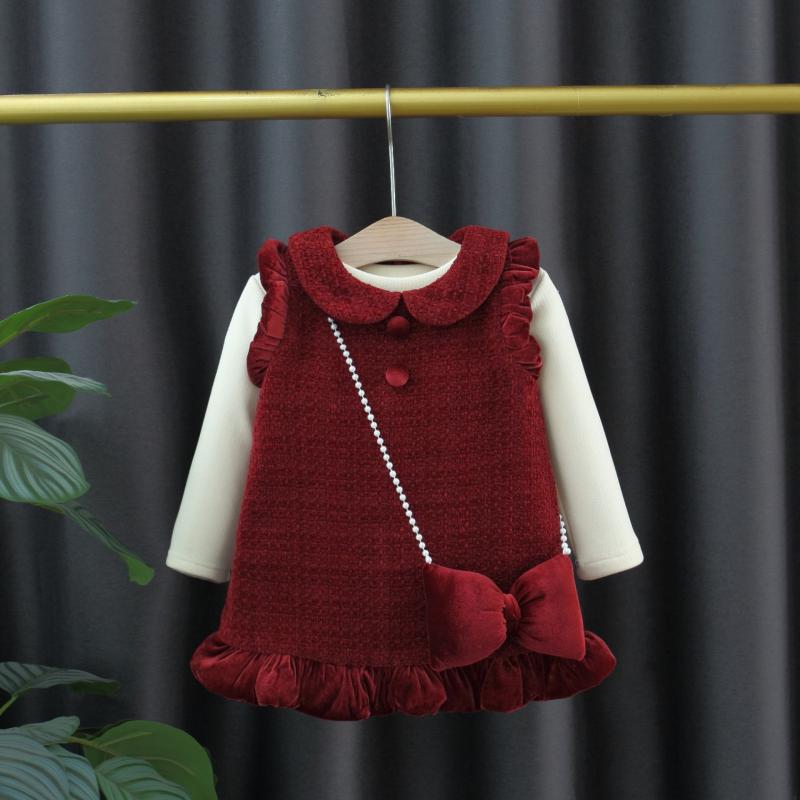 楽天セキュアデポワンピース 女の子 ベビー 暖か裏地 厚手 上品 かわいい プリンセス フォーマルドレス 発表会 結婚式 お正月 晴れ着 ポリエステル 冬物 ワインレッド 1歳 2歳 3歳 80cm 90cm 100cm