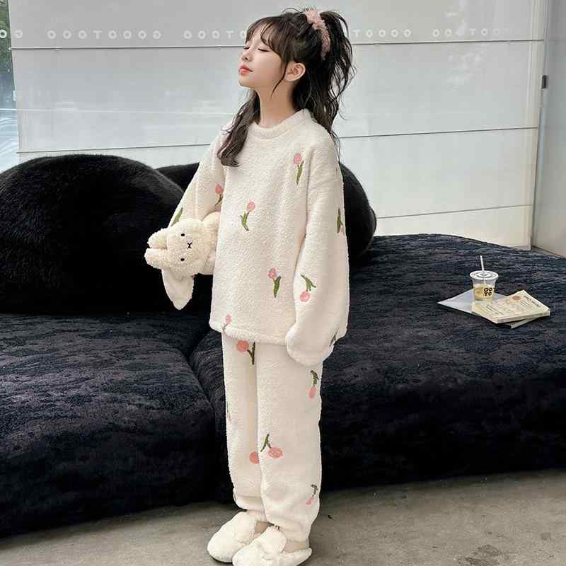 ルームウェア 女の子 キッズ ジュニア あったか 保温 フリース フランネル 厚手 ふわふわ チューリップ..