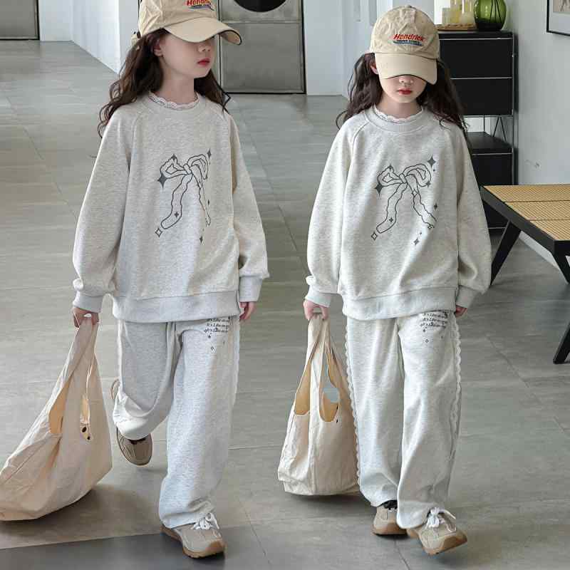 楽天セキュアデポセットアップ 女の子 中大童 春物 柔らか素材 レースフリル スウェット トレーナー スウェットパンツ ジョガーパンツ 上下セット 2点セット おしゃれ スポーティ 韓国風