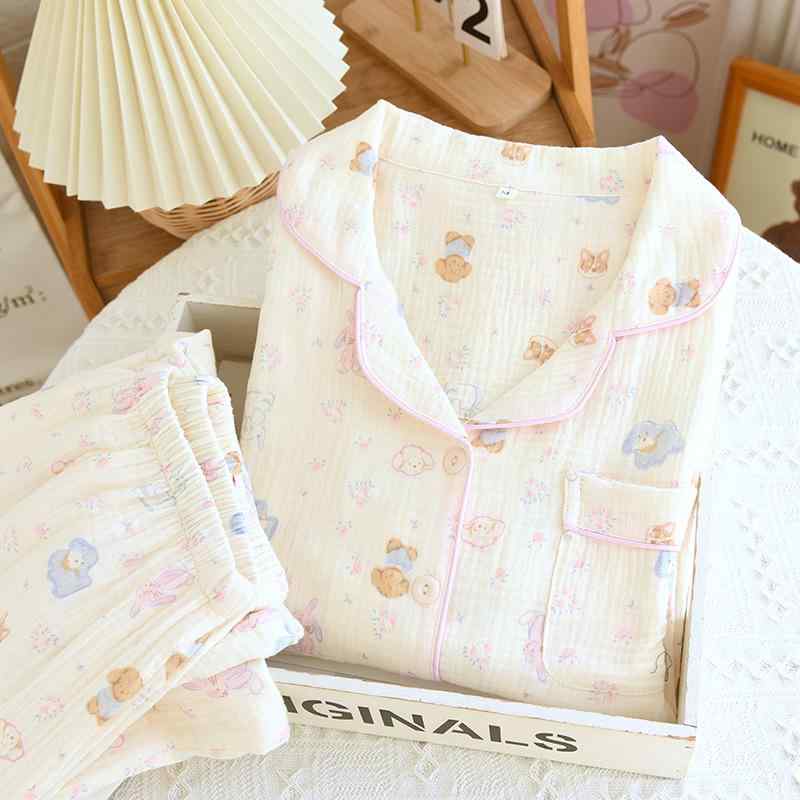 ルームウェア レディース オールシーズン 薄手 コットン パジャマ セットアップ 長袖長パンツ かわいい キャラクター柄 ふんわり 通気性抜群 着心地抜群 リラックス カジュアル ワンマイルウェア